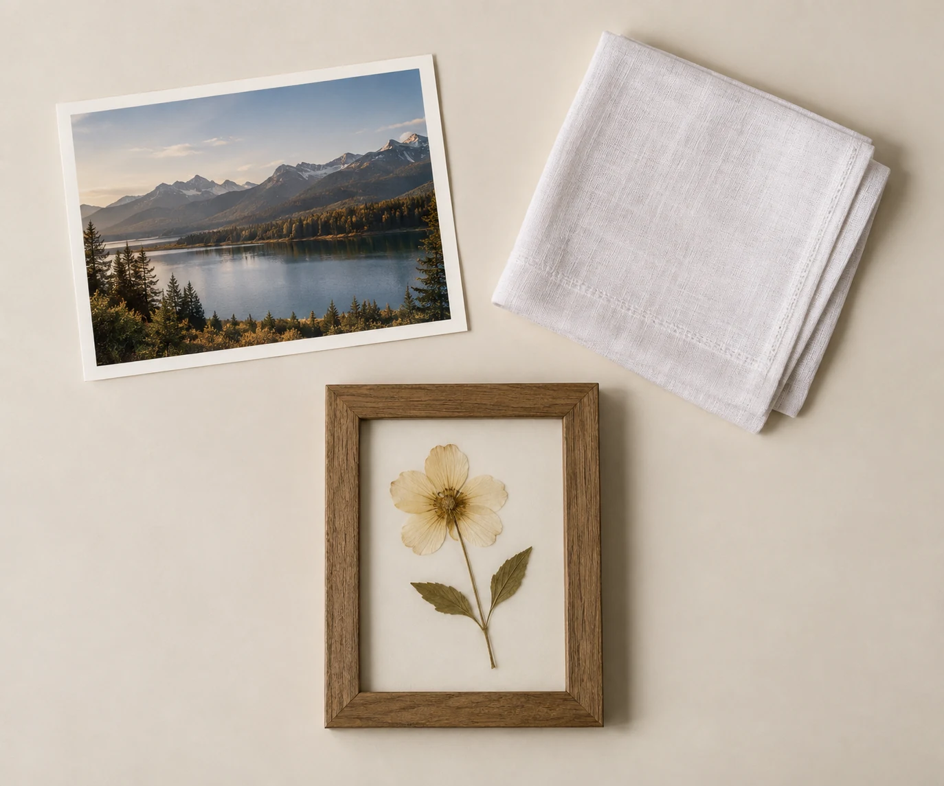 Landscape snapshot, folded handkerchief, and framed pressed flower arranged as remembrance objects.