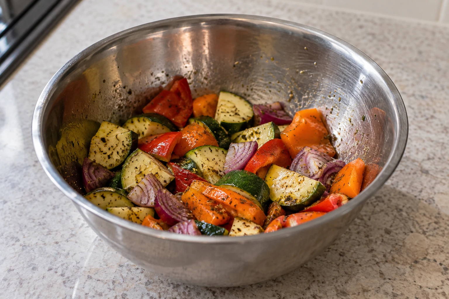 Cut vegetables with visible spice flecks and a light oil sheen in a mixing bowl.