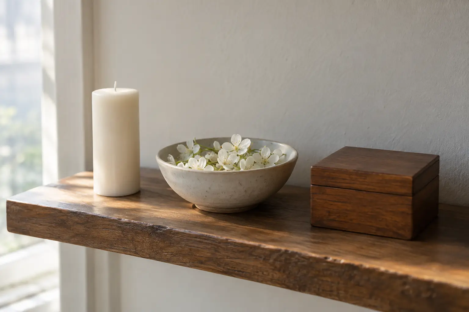 A bowl of white blossoms arranged on a shelf beside an unlit candle and a closed wooden keepsake box.