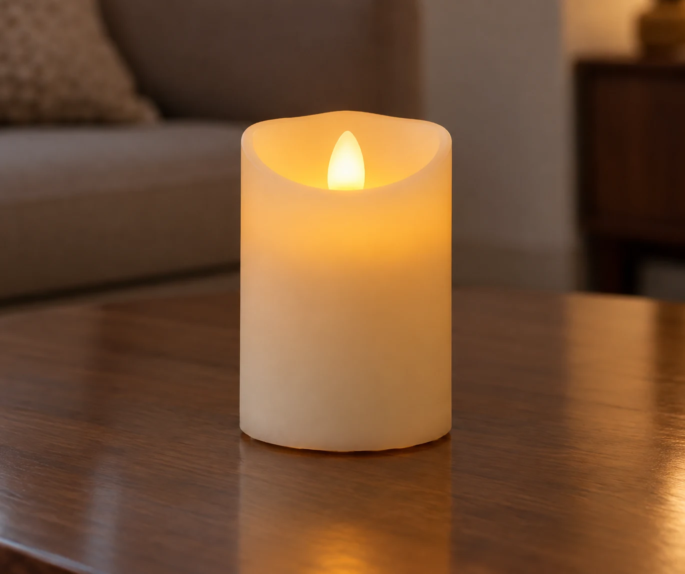 A glowing flameless candle on a clear tabletop.