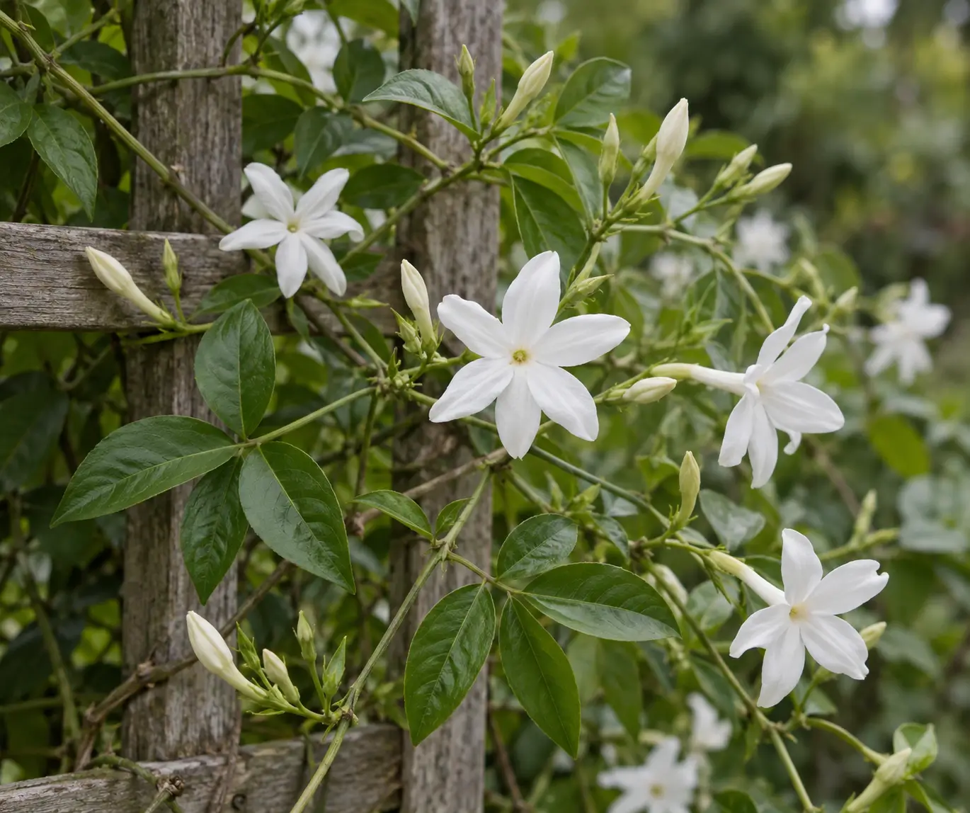 Close view of a jasmine vine with white star-shaped flowers, buds, compound green leaves, and slender stems on a wooden trellis.