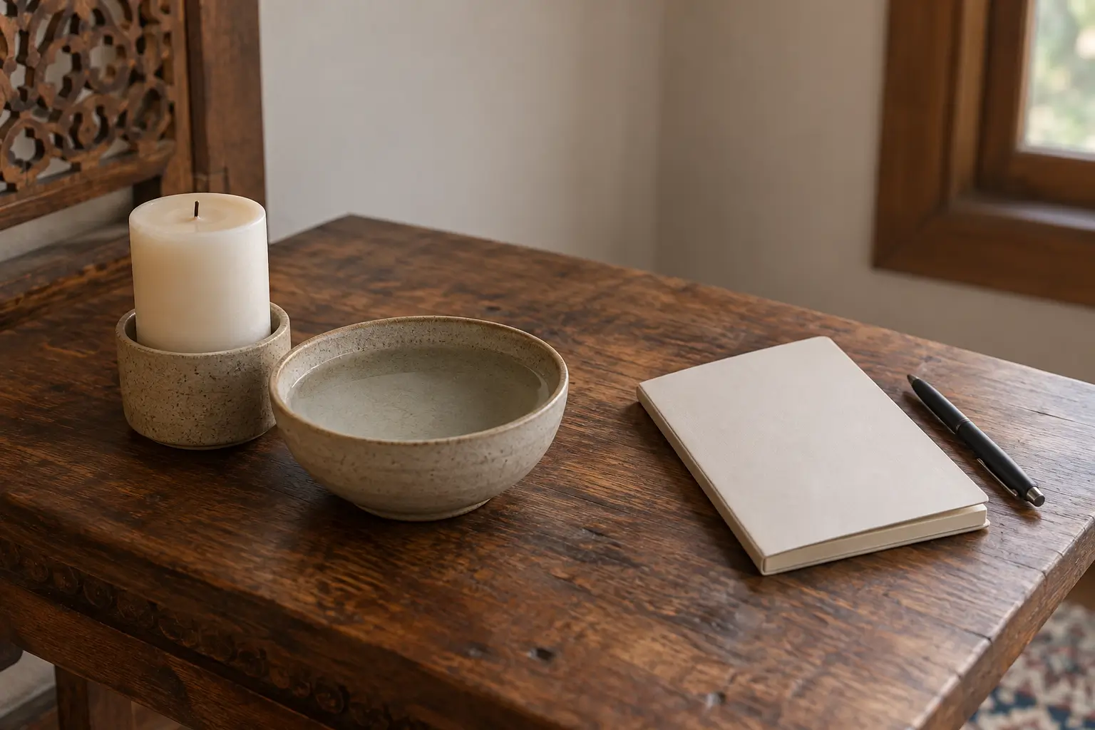 Unlit altar candle and water bowl beside a closed blank notebook and pen on a warm wooden shelf.
