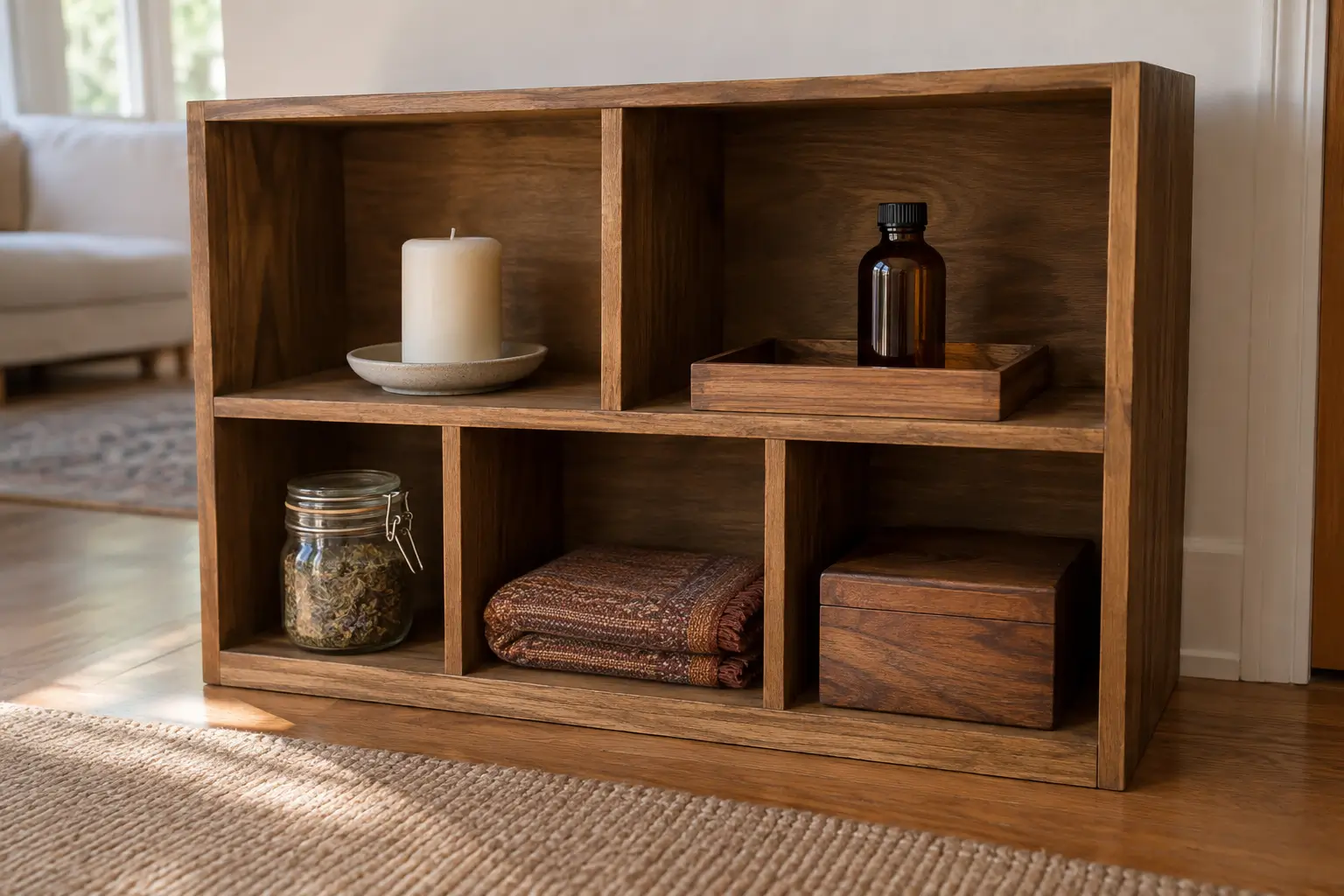 Open wooden shelving with a candle, capped bottle, herb jar, folded textile, and closed keepsake box stored in separate cubbies.
