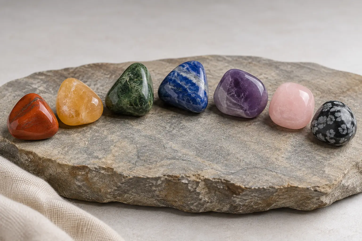 Seven varied polished stones arranged in a gentle curve on a stone slab.