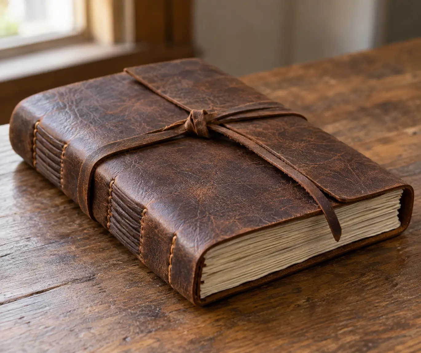 Closed handmade leather journal with a wrap closure on a wooden surface.