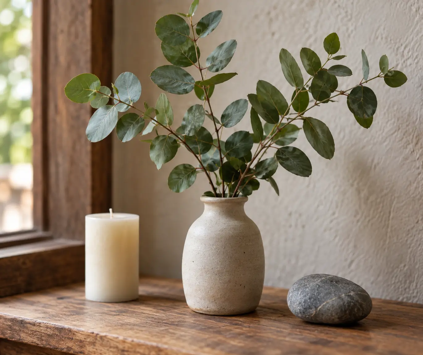 Eucalyptus sprig in a ceramic vessel beside an unlit candle and smooth stone on a simple home altar.