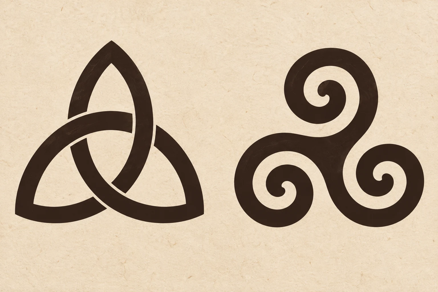 An interlaced three-lobed motif beside a three-armed spiral motif on textured paper.