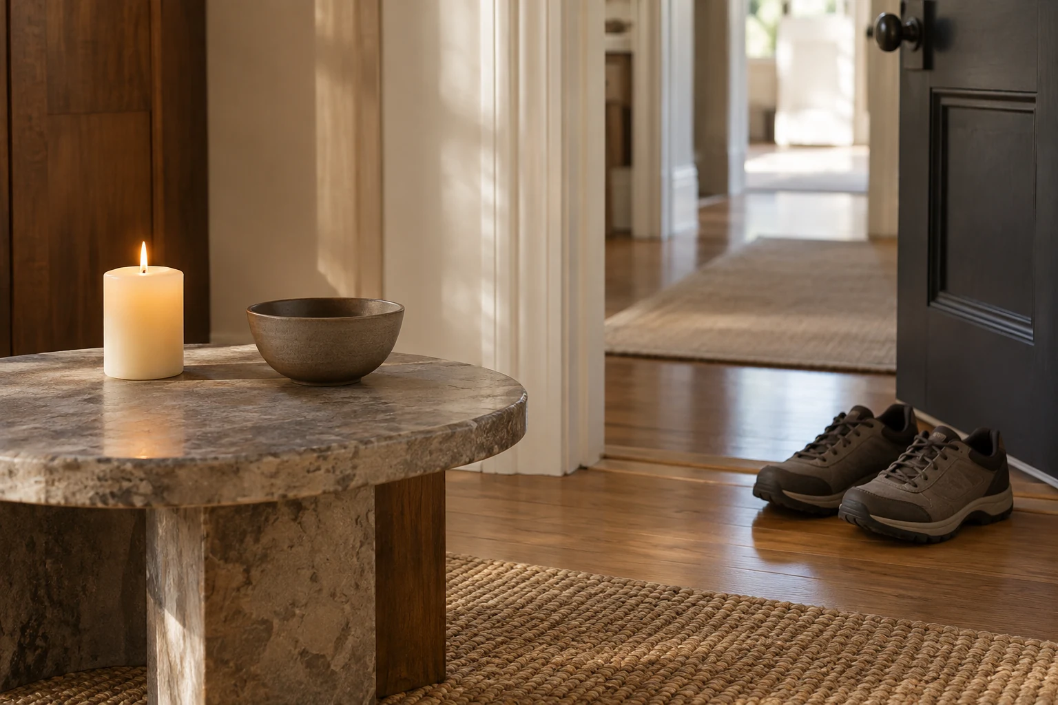 A candle and bowl on a stone-topped ritual table, with two walking shoes beside an open doorway.