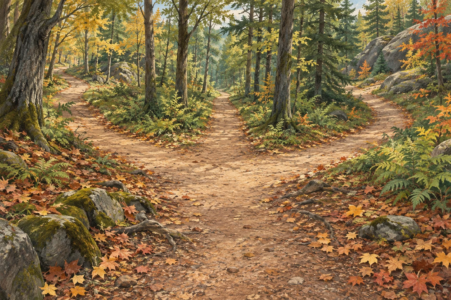 A woodland path divides clearly into three separate routes among dense trees.