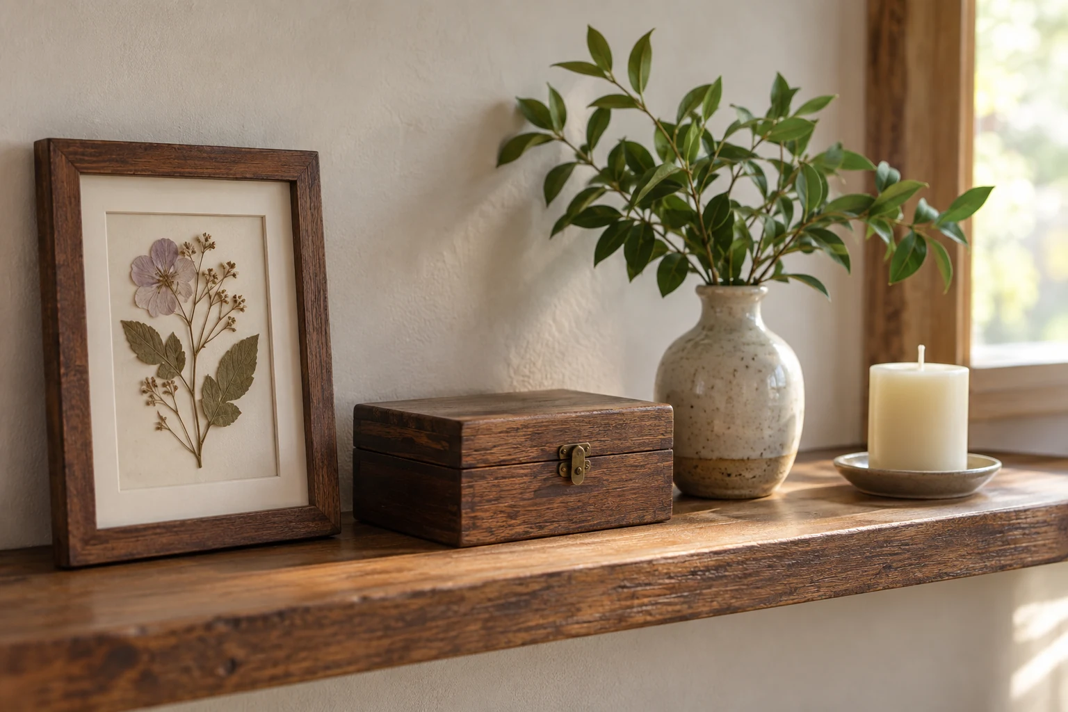 Simple home remembrance shelf with a pressed flower, keepsake box, leafy vase, and unlit candle.