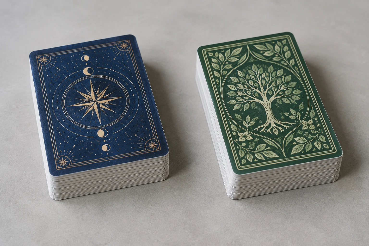 Two stacks of cards with different illustrated backs sit side by side.