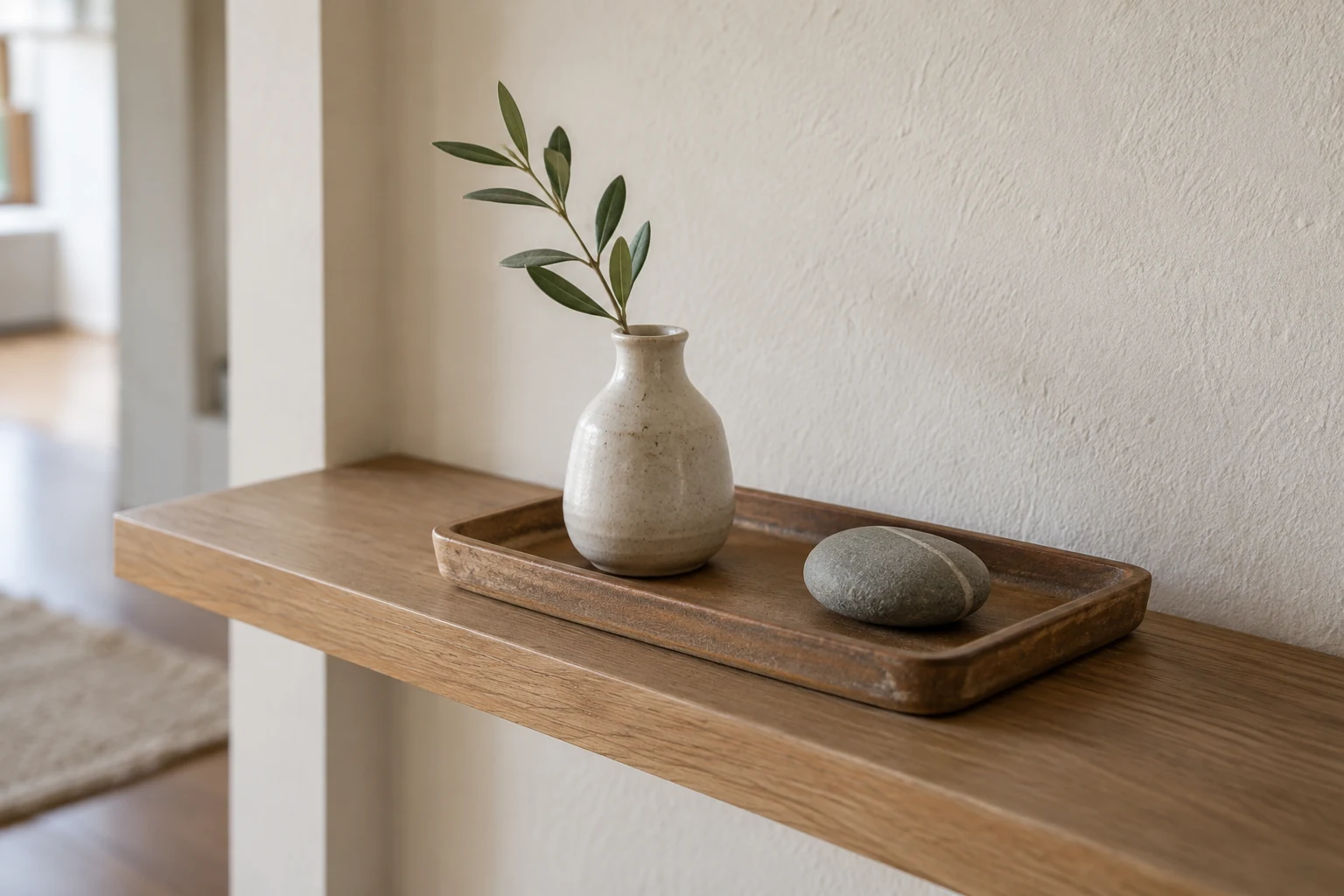 A small tray on a narrow shelf holds a bud vase and a stone with room between them.