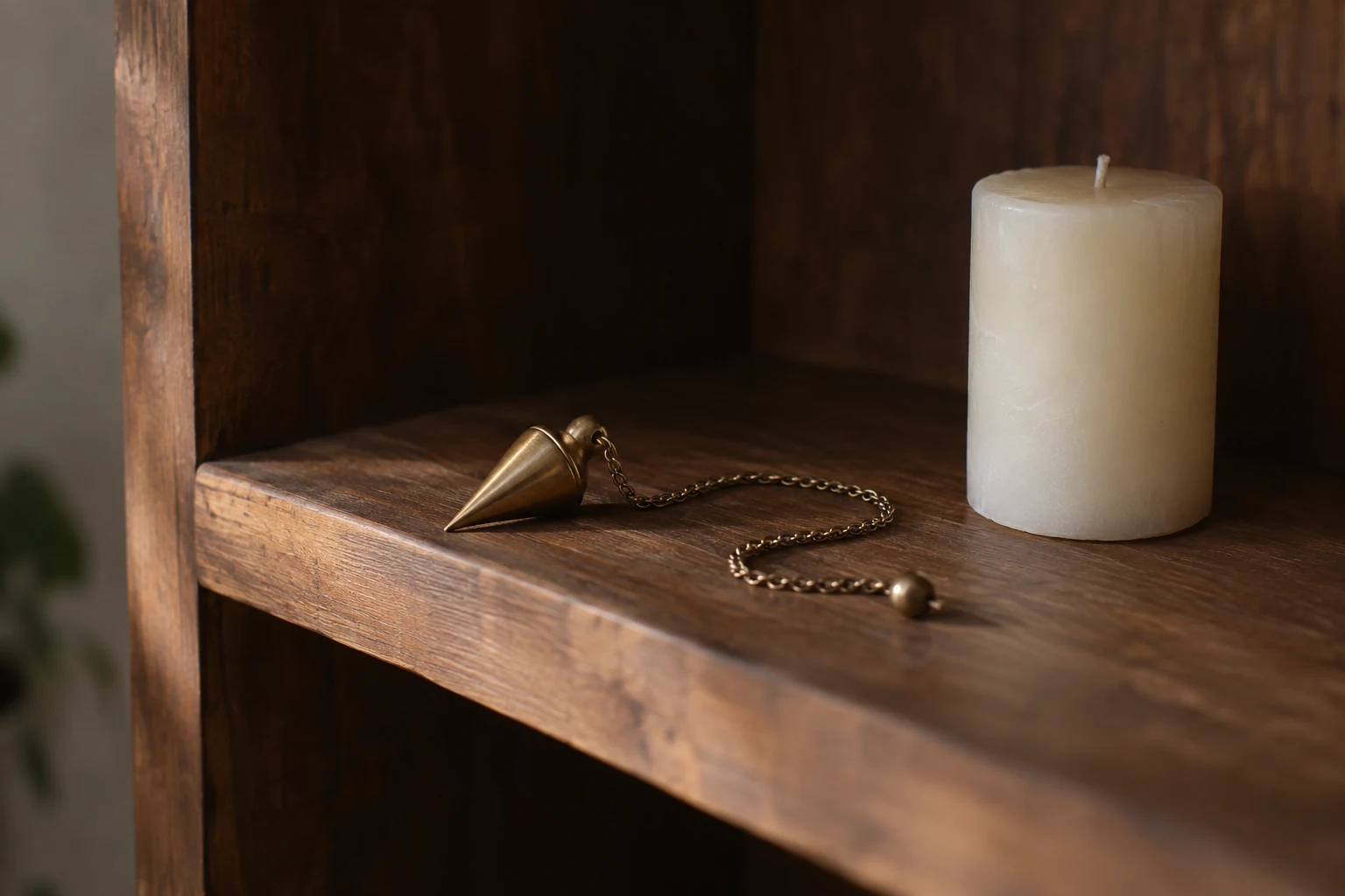 A weighted pendulum and its chain rest on a wooden altar shelf beside an unlit candle.