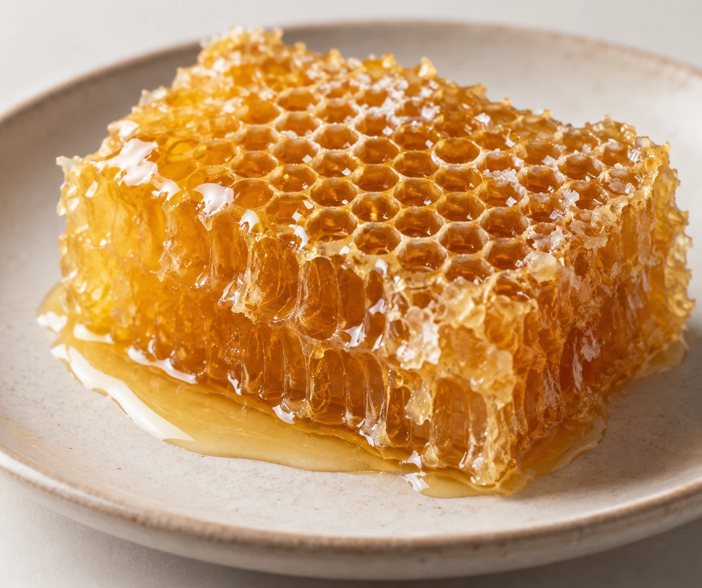 Golden honey glistens in a piece of honeycomb on a ceramic plate.