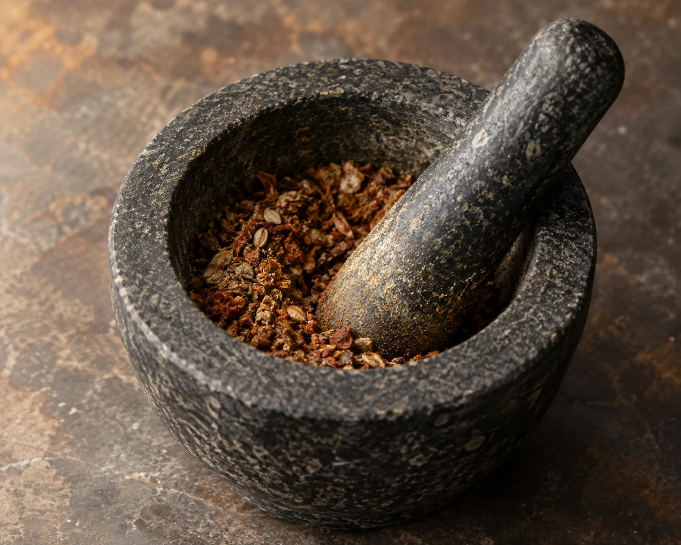 Pestle resting in a mortar containing a coarse spice mixture.