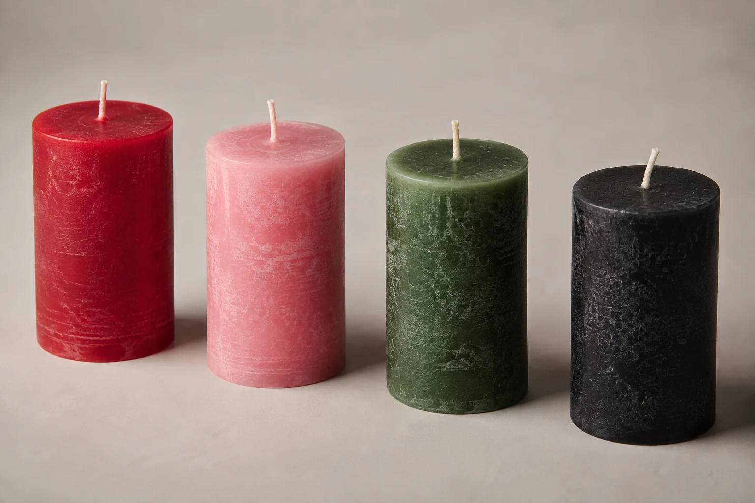 Four unlit pillar candles in red, pink, green, and black stand apart on a plain surface.