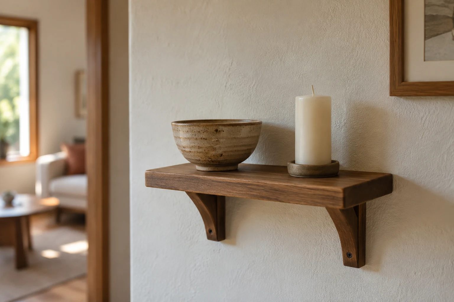 Ceramic bowl and unlit candle on a small wooden shelf at home.