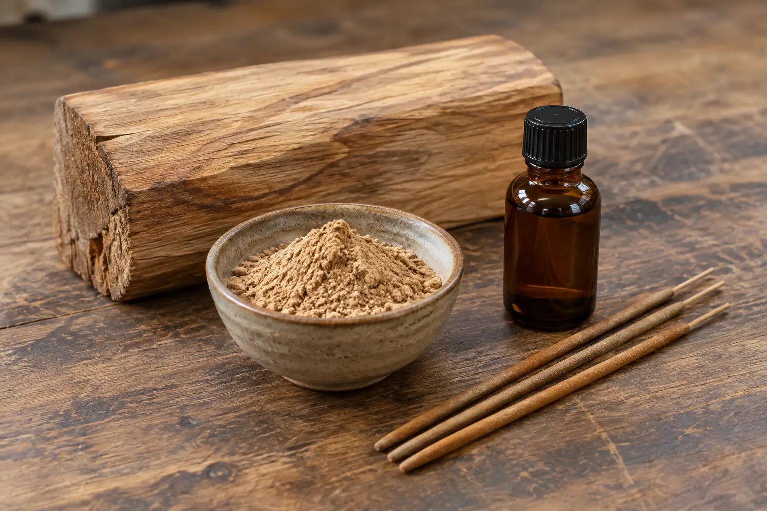 Wood, tan powder in a bowl, an amber bottle, and three incense sticks arranged as distinct material forms.
