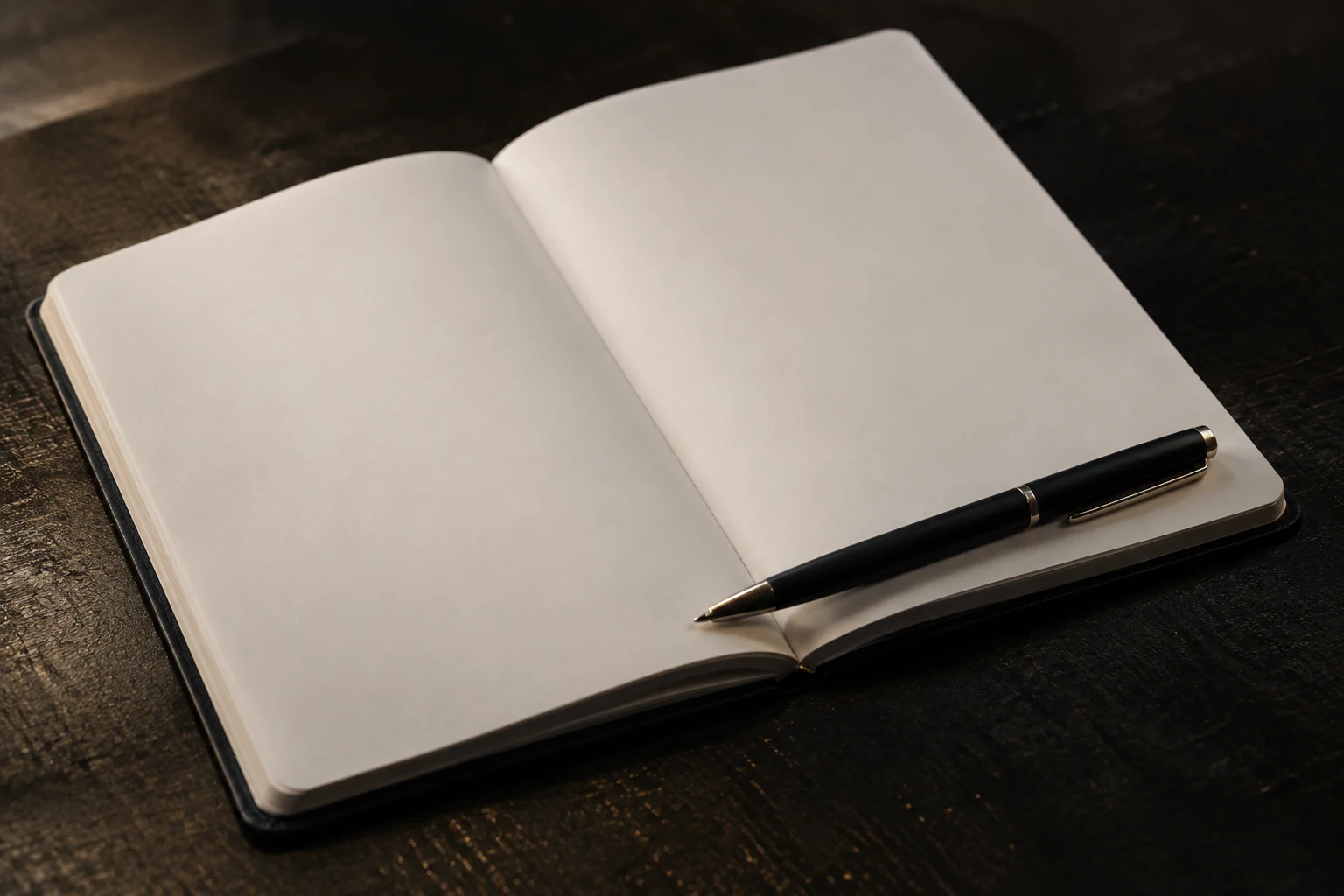 Open blank notebook with a pen resting across one page on a dark writing surface.