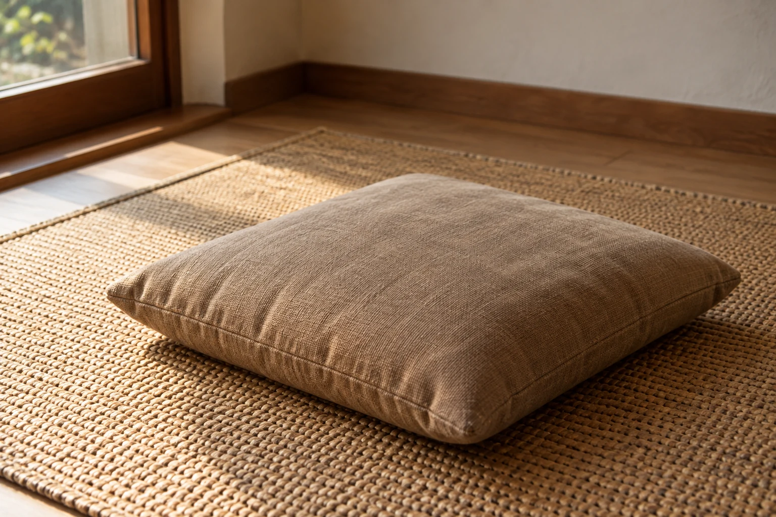 Empty floor cushion on a woven mat in a quiet home corner.