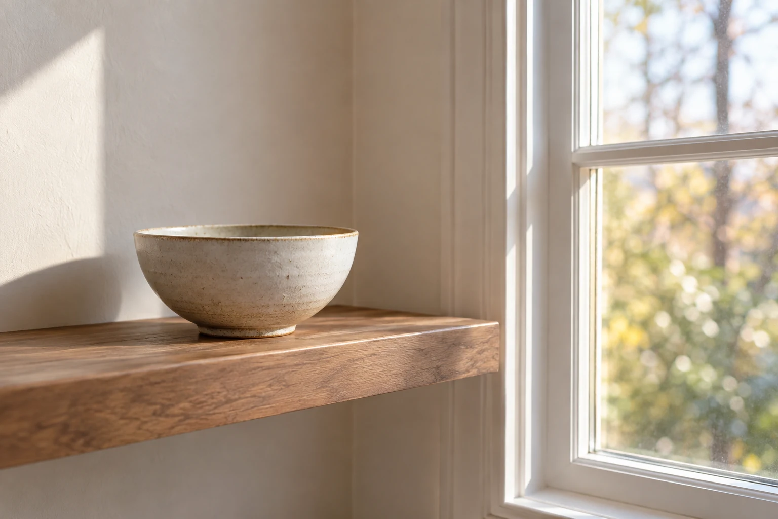 A ceramic bowl on a bare shelf beside a daylight-filled window.