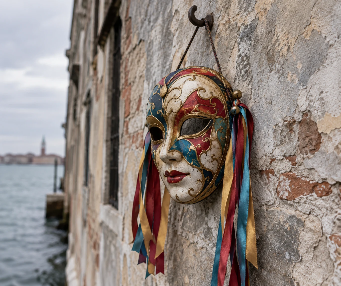 Colorful festival mask with ribbons hanging on a weathered exterior wall.