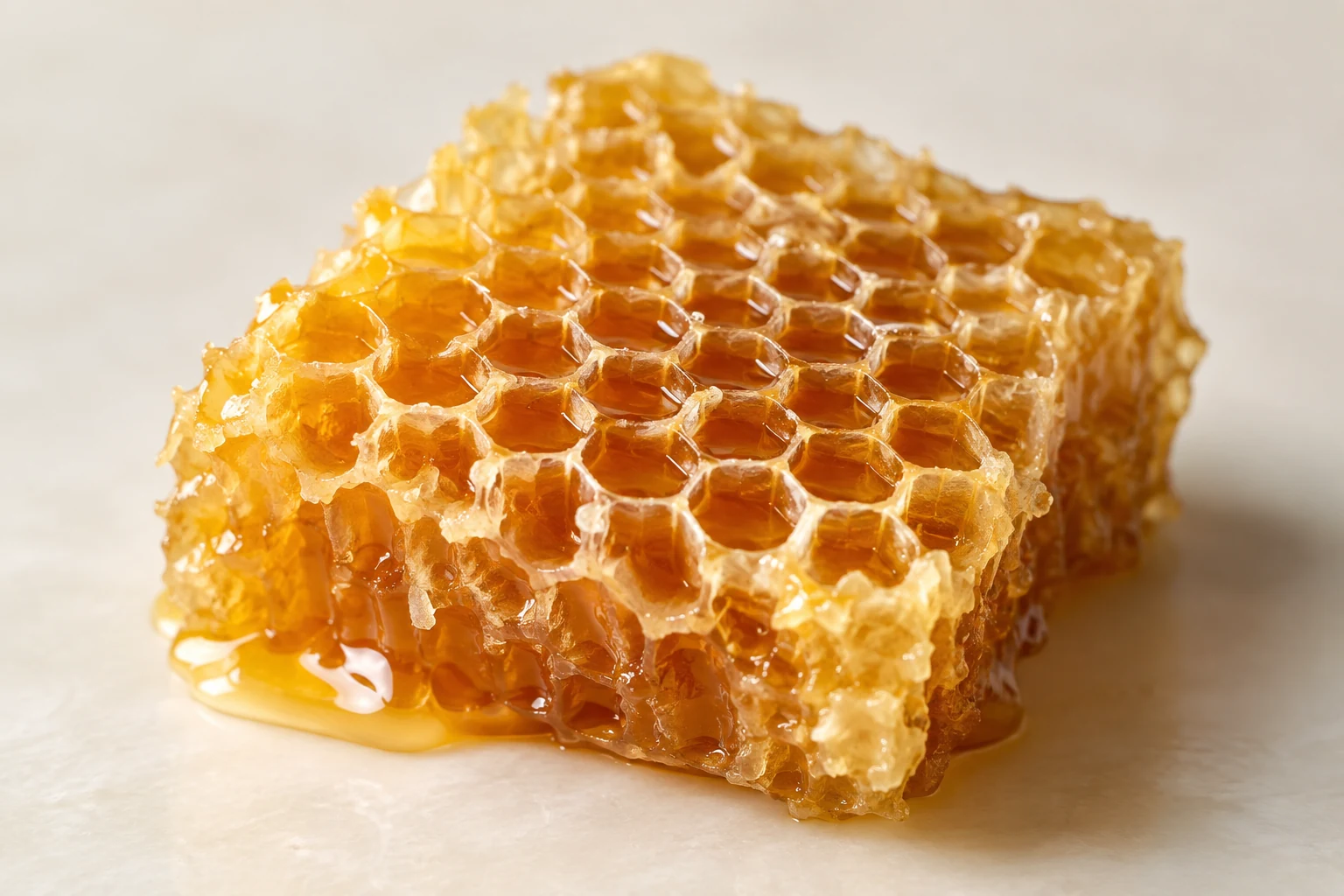 Close view of the wax cells in a piece of honeycomb.