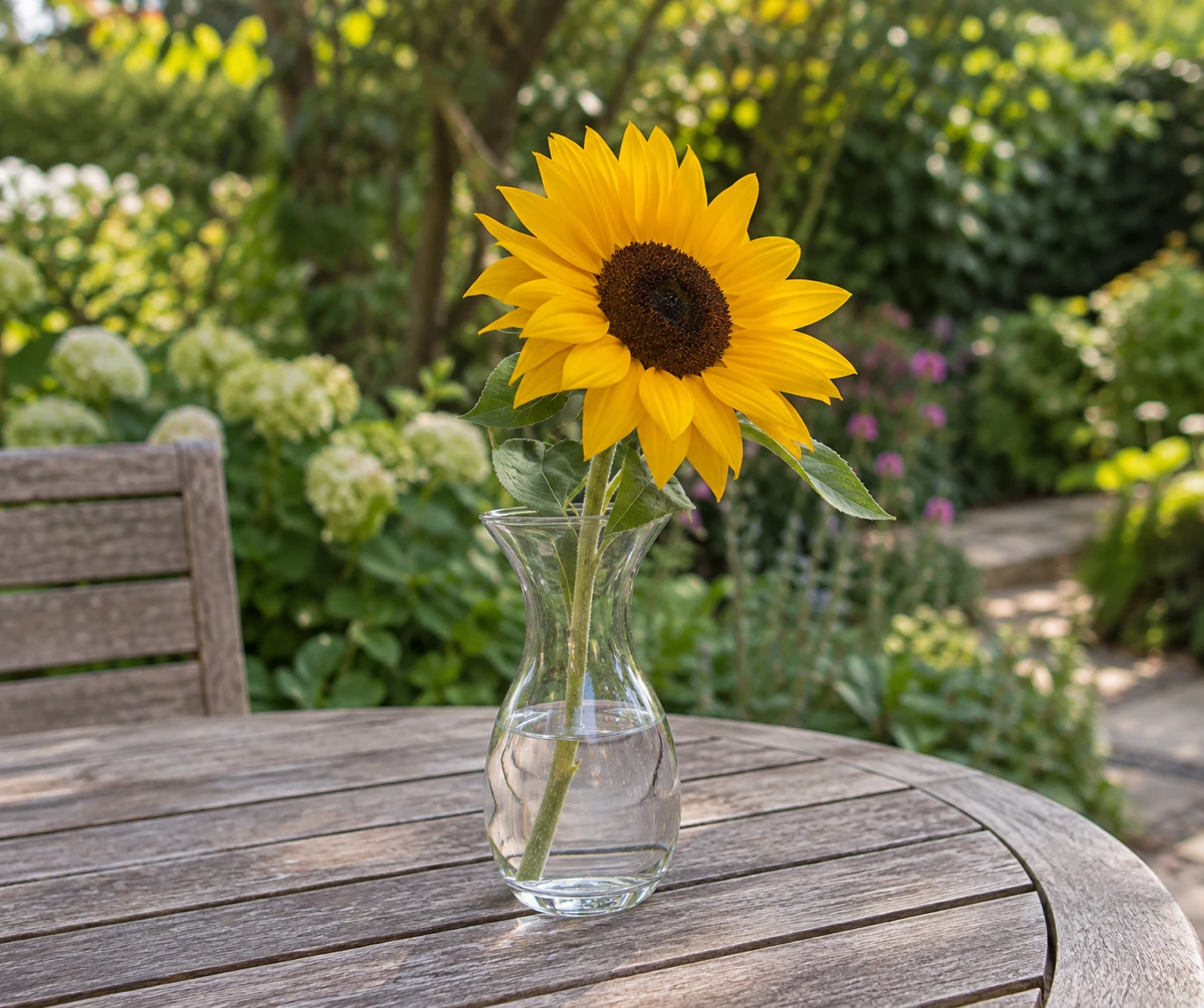 A single flower in a glass vase on a garden table.