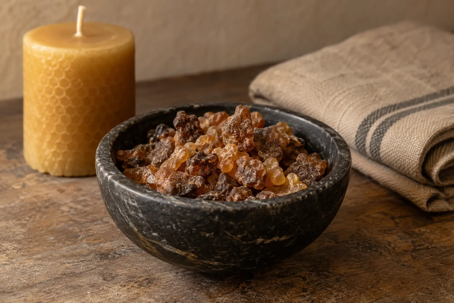 A dark stone bowl filled with amber-brown resin pieces beside an unlit candle and folded cloth.