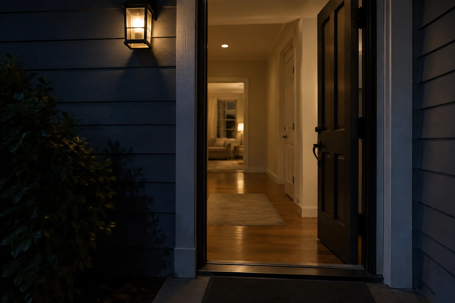 Open front door at night, revealing a warmly lit interior beyond a clear threshold.