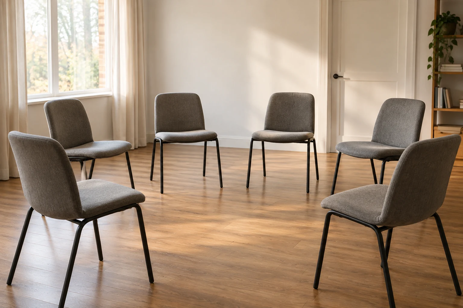 Empty chairs face an open central space in a quiet room.