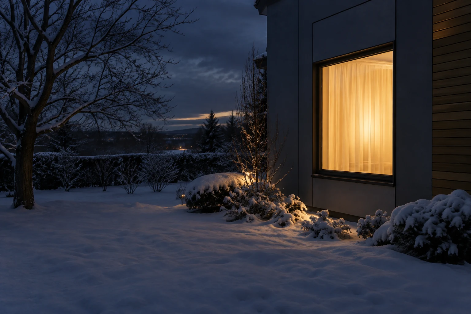 Warm light shines from a house window across a snowy yard at dusk.