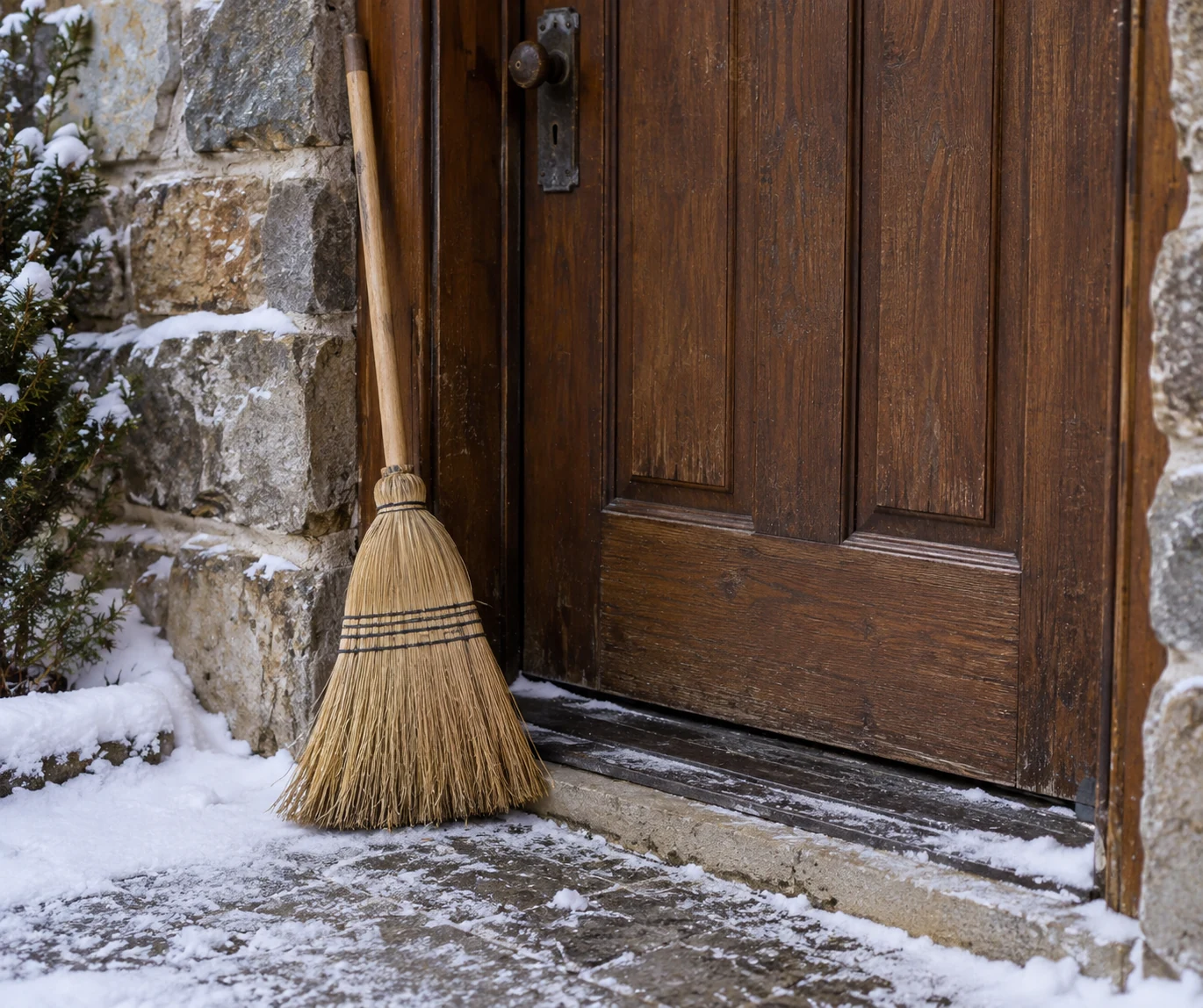 Straw broom leaning beside a closed wooden door with snow at the threshold.
