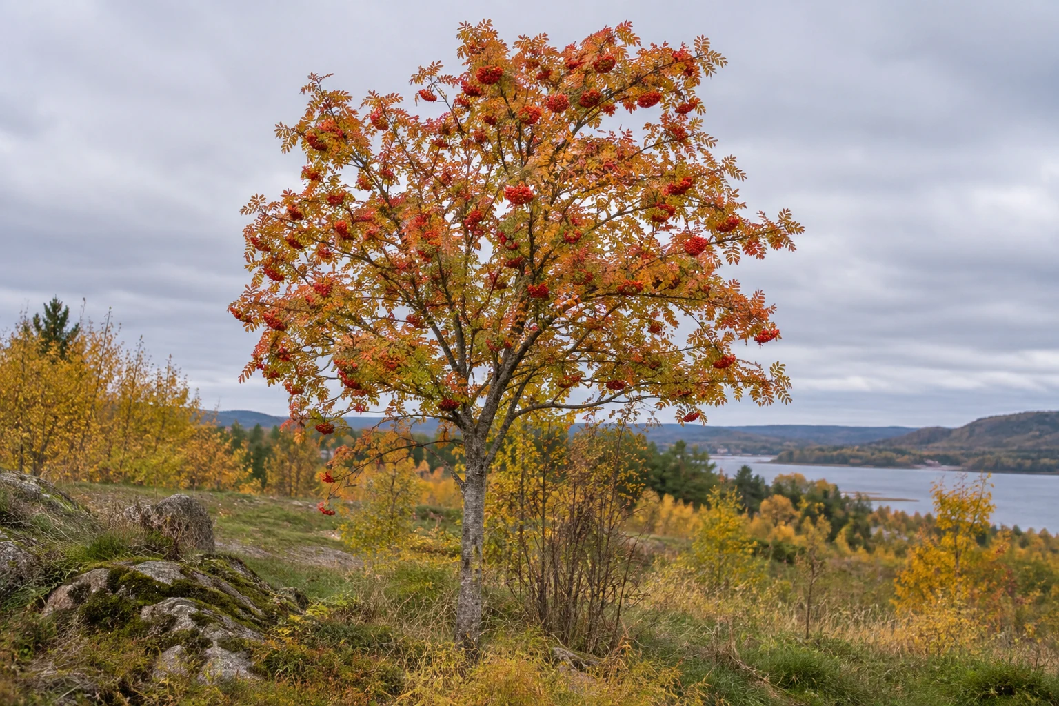 Small tree with compound leaves and red-orange berry clusters in an autumn landscape.