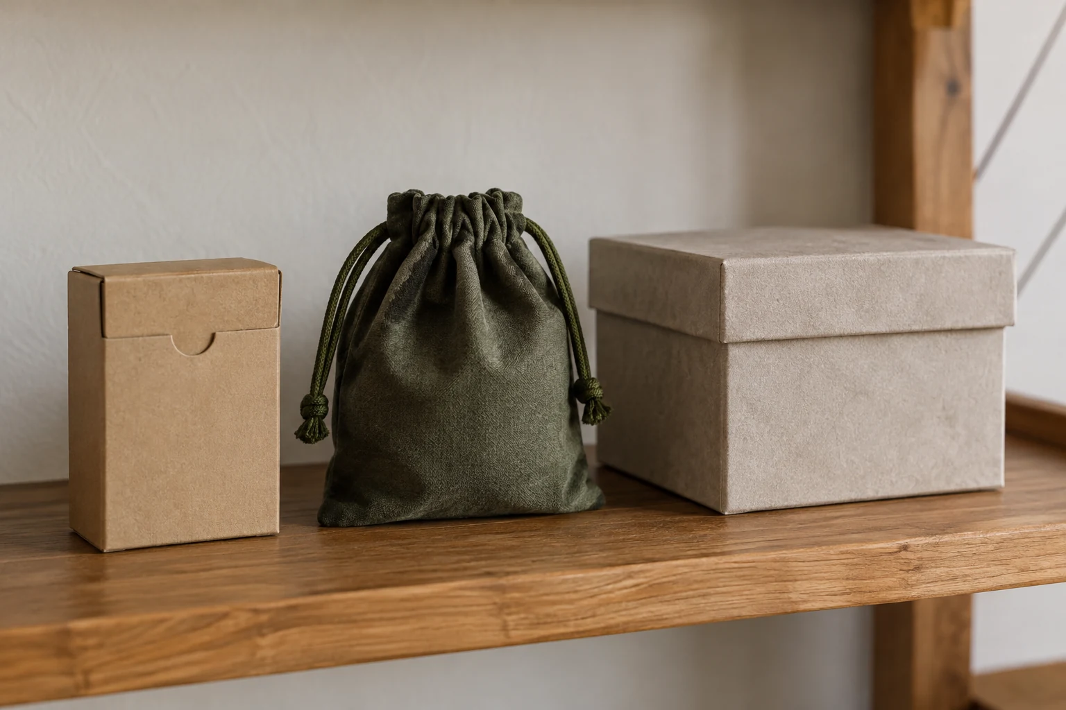 A closed cardboard deck box, cloth pouch, and larger paperboard box arranged on a shelf.