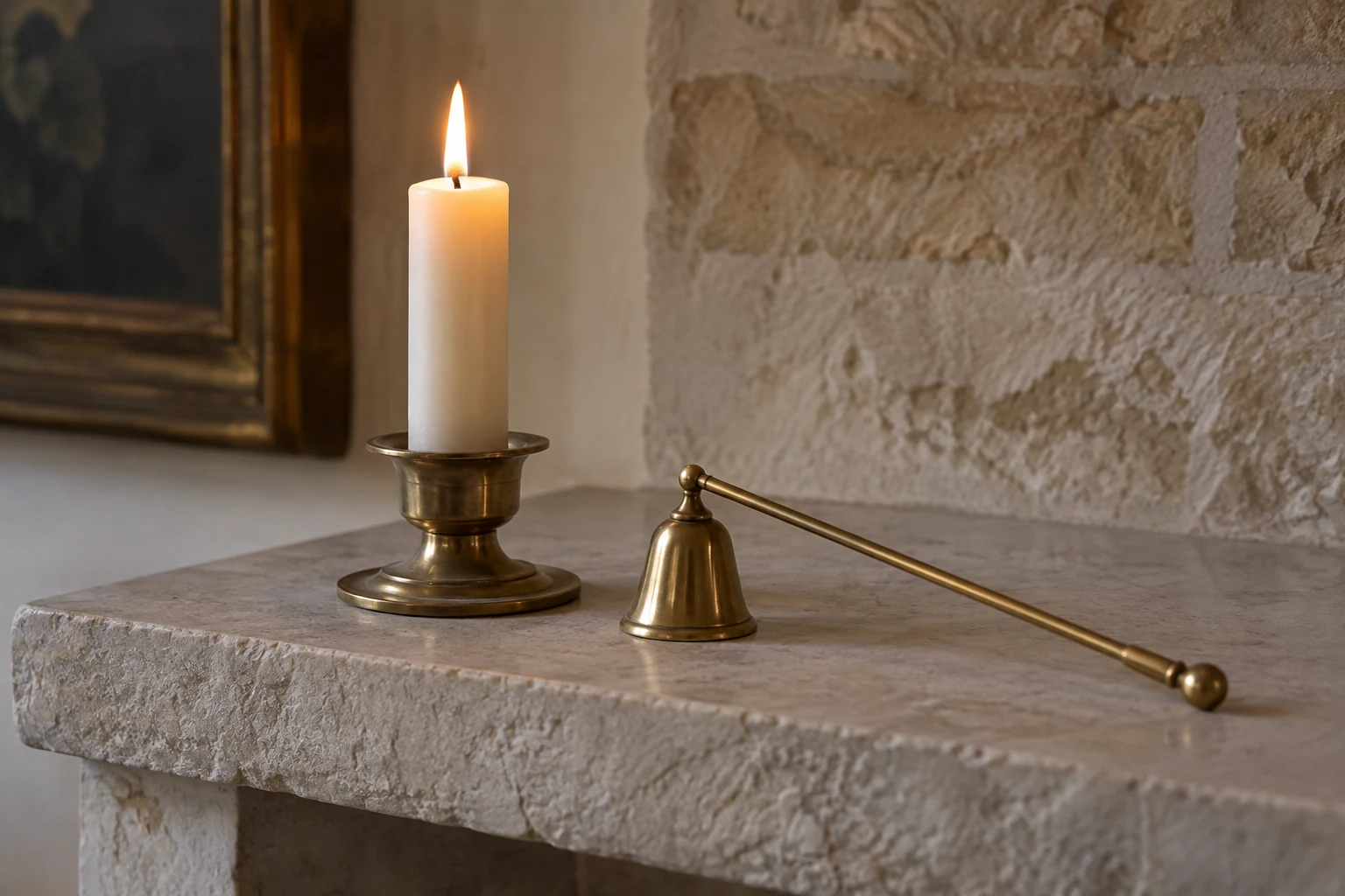 Lit candle in a holder on a stone shelf, with a bell snuffer resting beside it.
