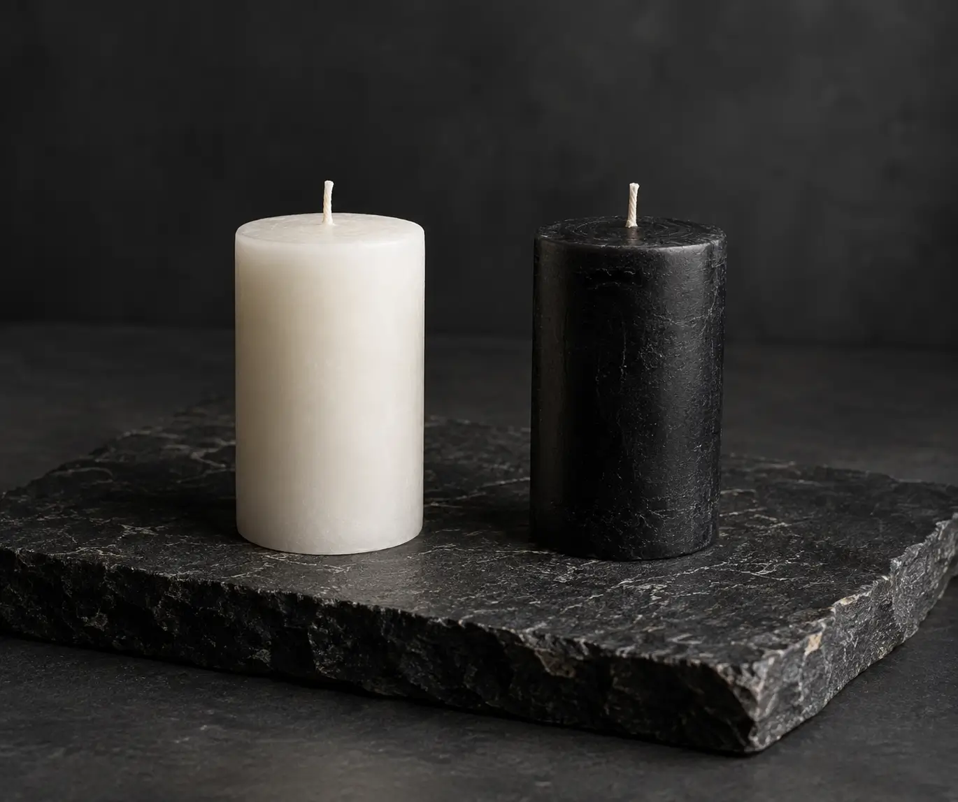 An unlit white candle and black candle standing side by side on a dark stone slab.