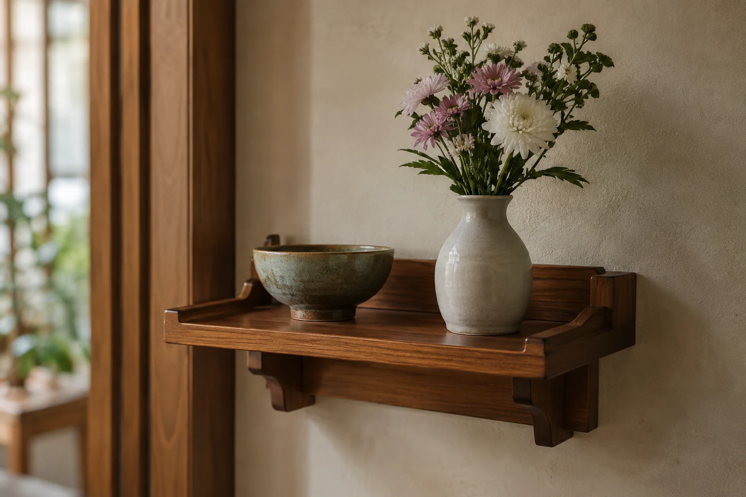 Home altar shelf with a ceramic bowl and a vase of flowers.