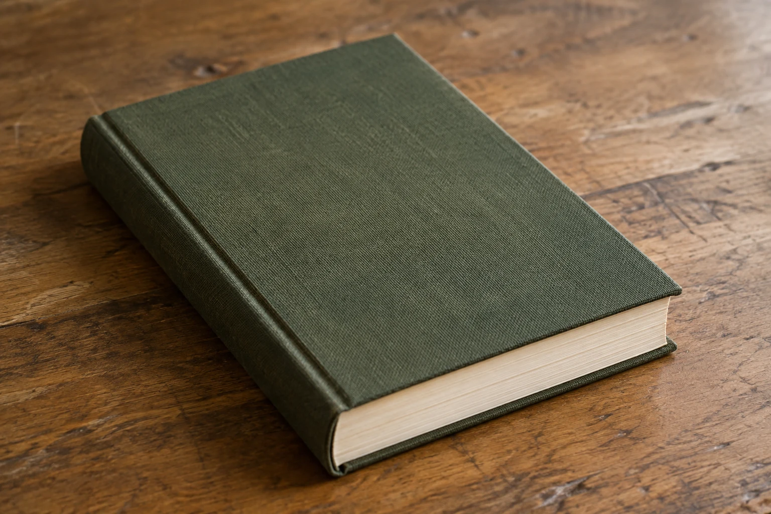 A closed clothbound book on a wooden table.