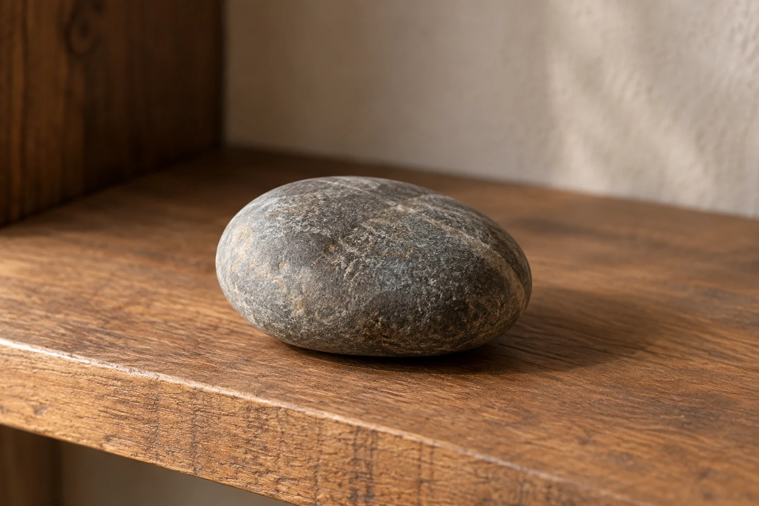 Smooth pebble resting on a wooden shelf.