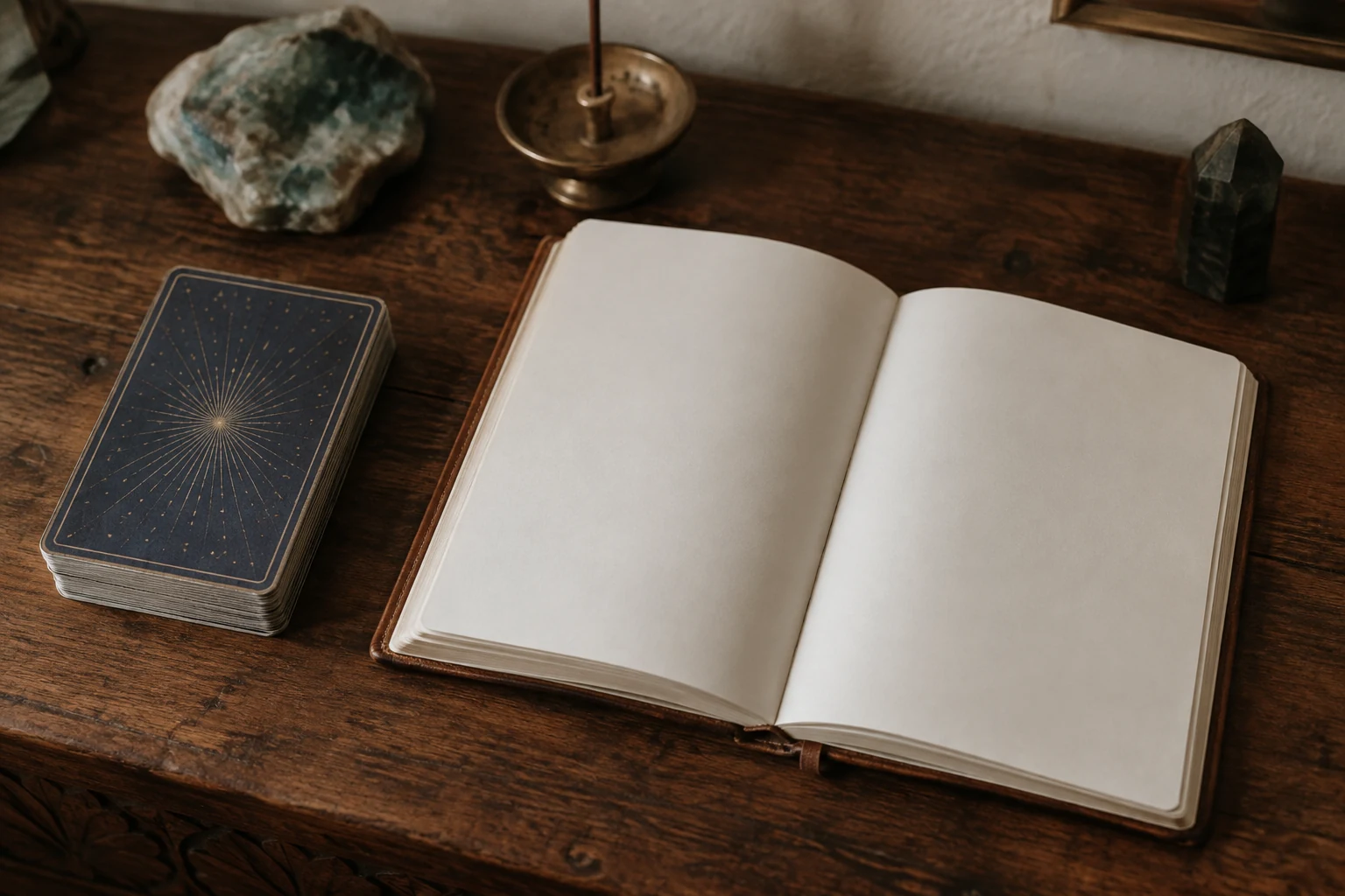 A face-down card deck rests beside an open blank journal on a home altar surface.
