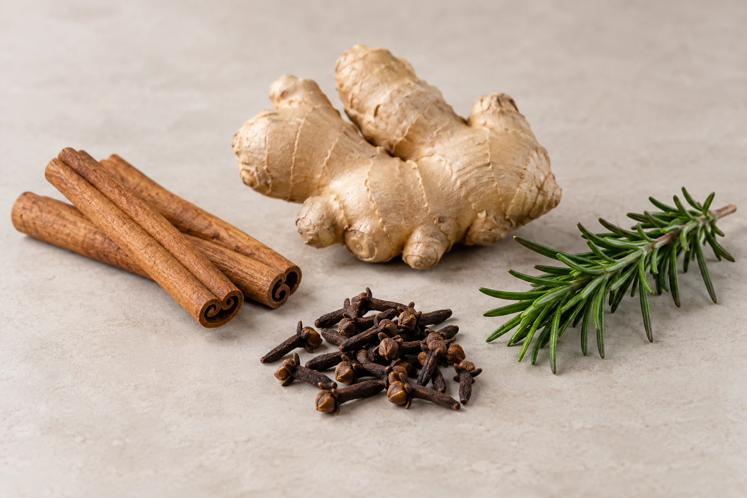 Cinnamon sticks, ginger, cloves and rosemary arranged separately on a plain surface.