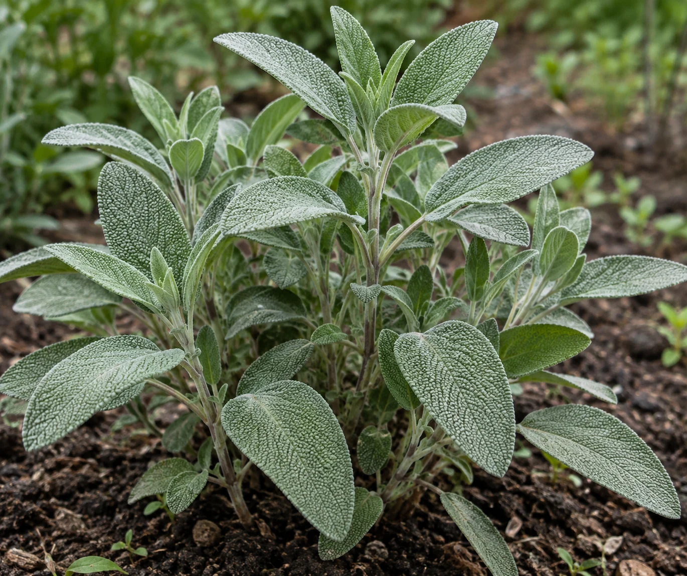 Gray-green, textured leaves on a garden sage plant growing in soil.