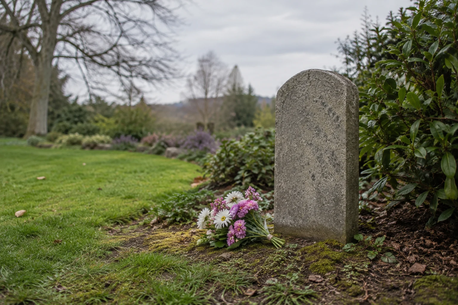 Fresh flowers beside a plain stone memorial marker in a quiet garden.