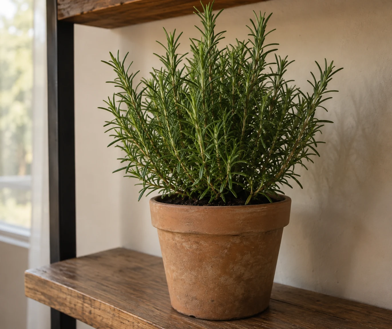Potted rosemary plant on a simple shelf at home.