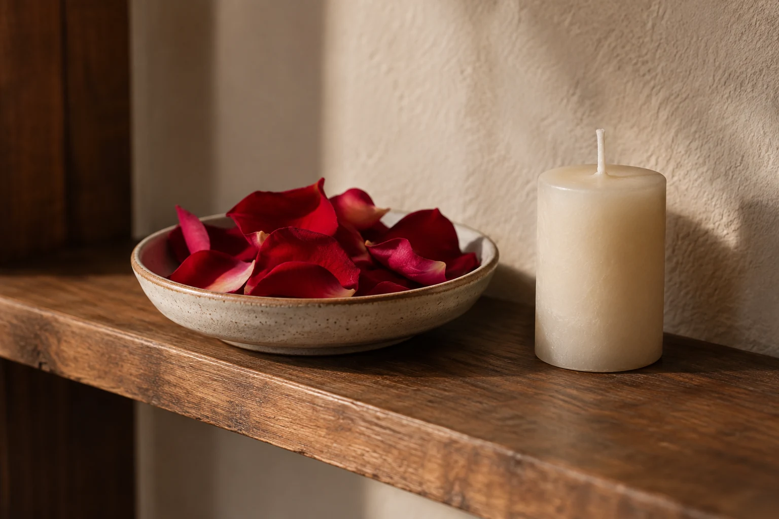 Rose petals in a shallow dish beside an unlit candle on a wooden shelf.