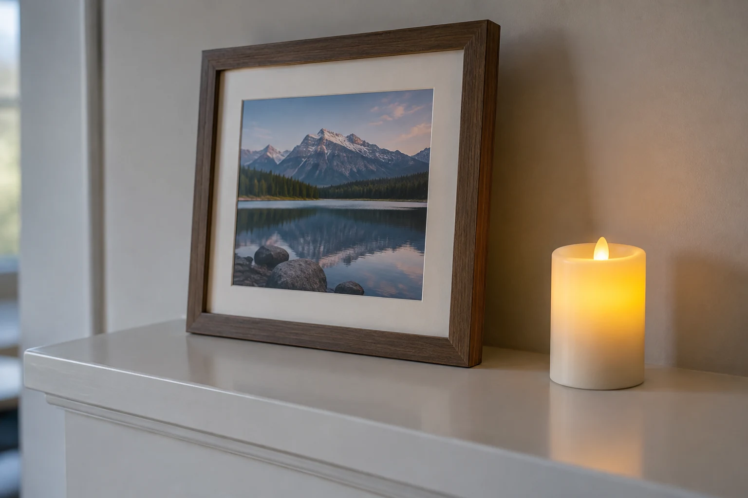 A glowing LED candle beside a framed landscape photograph on a cleared shelf.