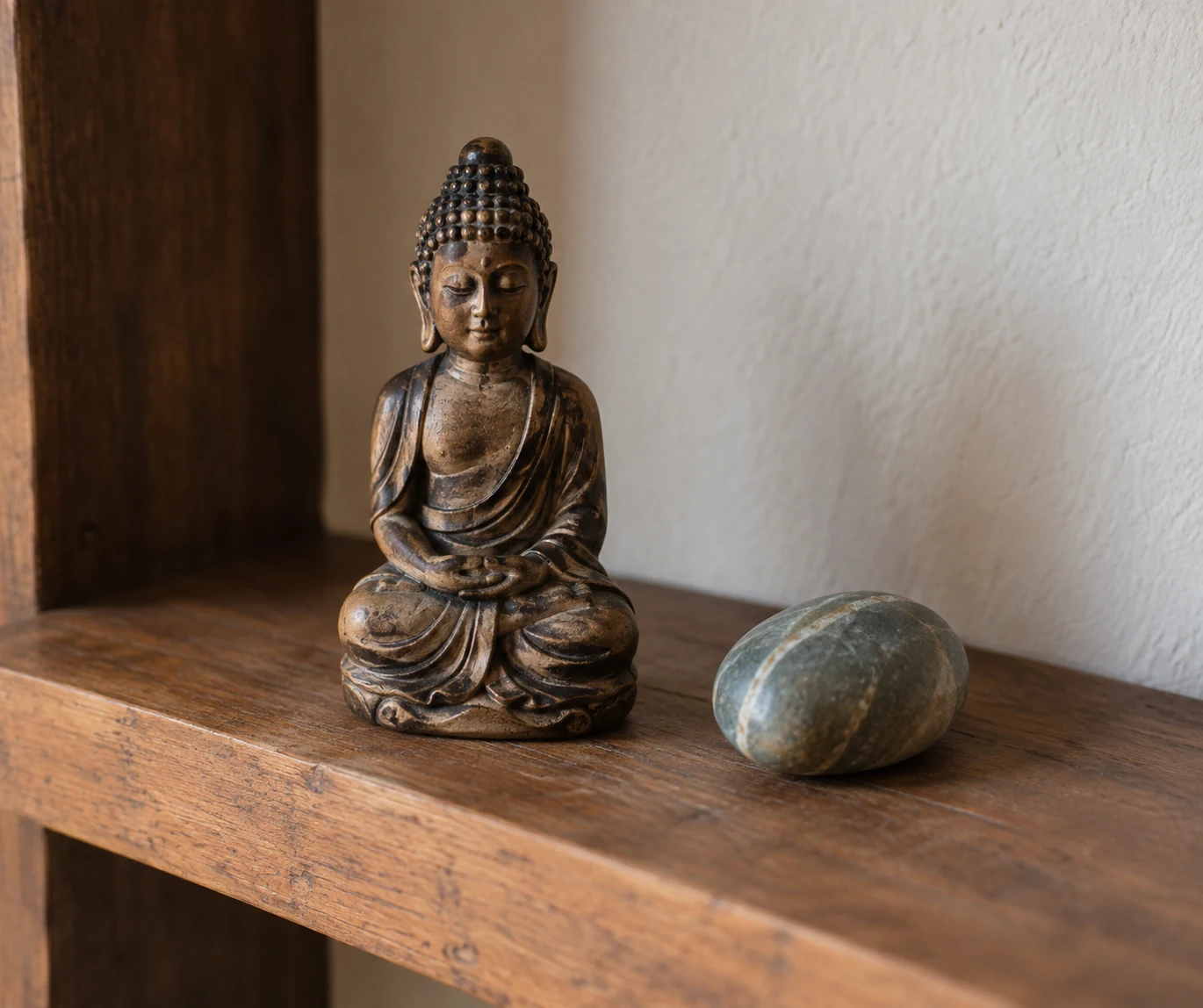 A small figurine and smooth stone arranged on a tidy wooden shelf.
