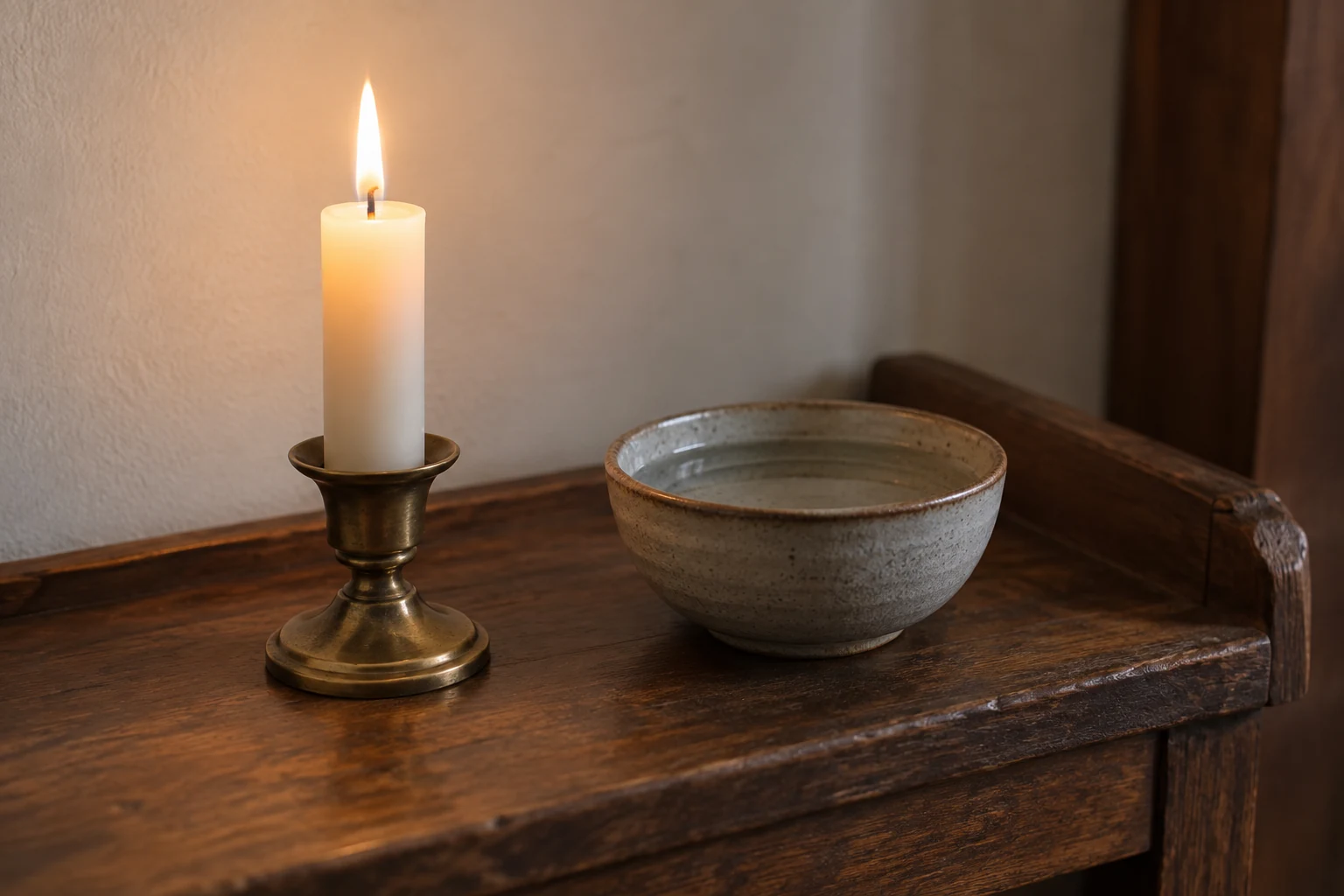Lit candle beside a bowl of water on a simple home altar.