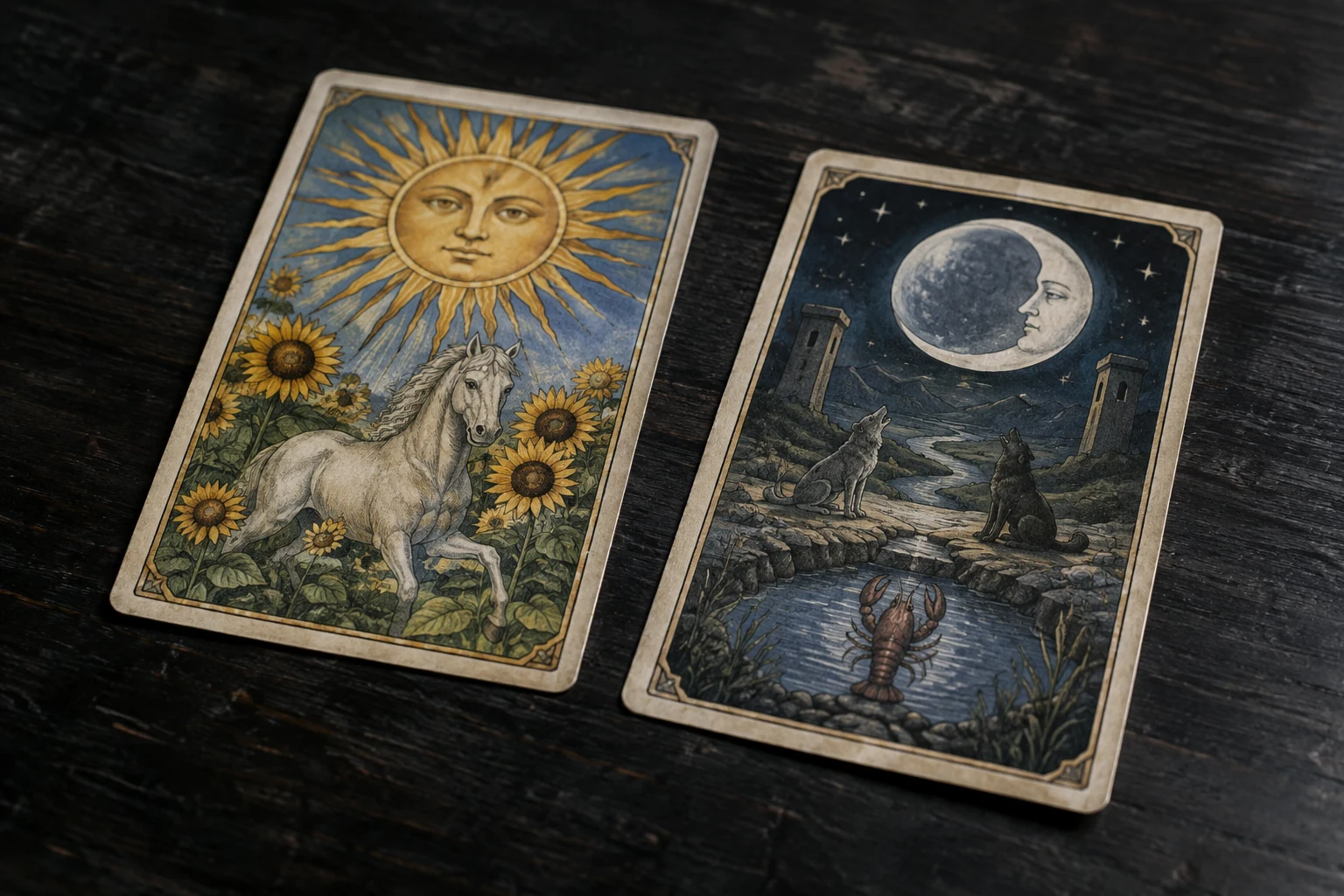 Two illustrated tarot cards lie face up beside each other on a dark tabletop.